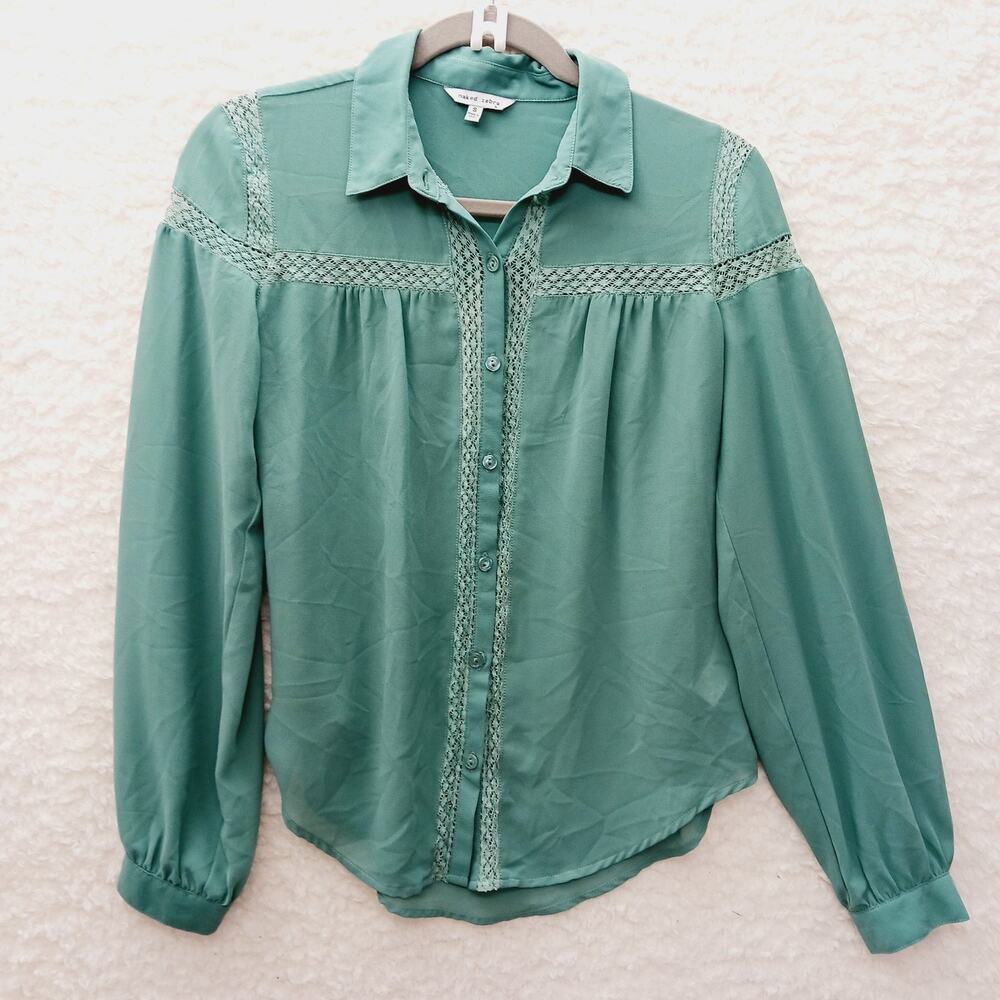 Blouse Lace Inset Button-up Sage Romantic Cottagecore Whimsycore Feminine Size S